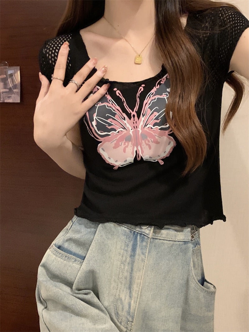 V Neck Butterfly Crop Top