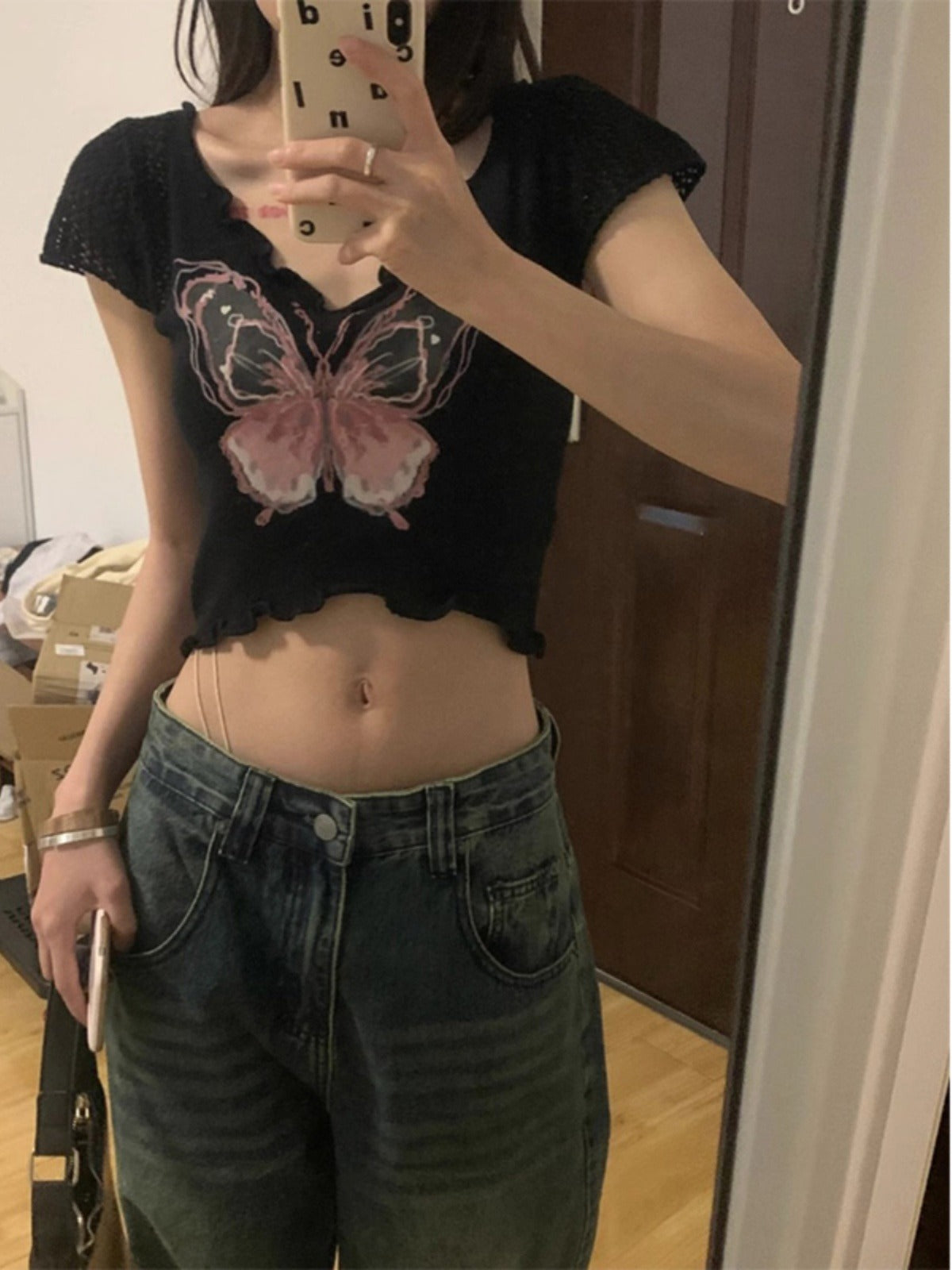 V Neck Butterfly Crop Top