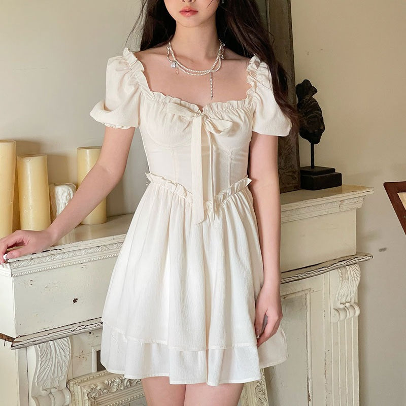White Square Neck Puff Sleeve Sissy Dress