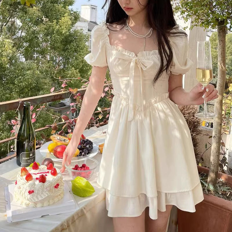 White Square Neck Puff Sleeve Sissy Dress