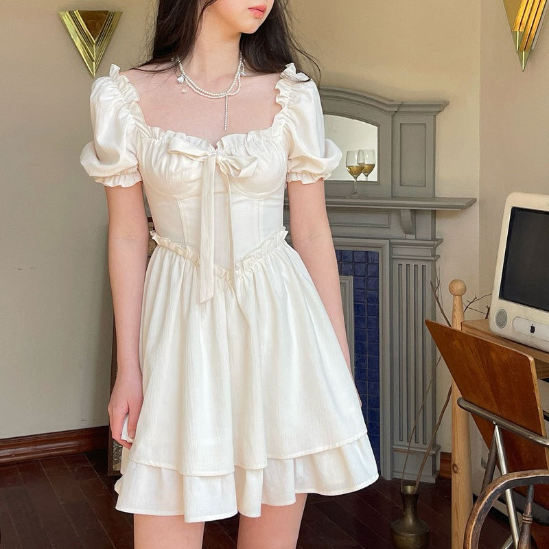 White Square Neck Puff Sleeve Sissy Dress