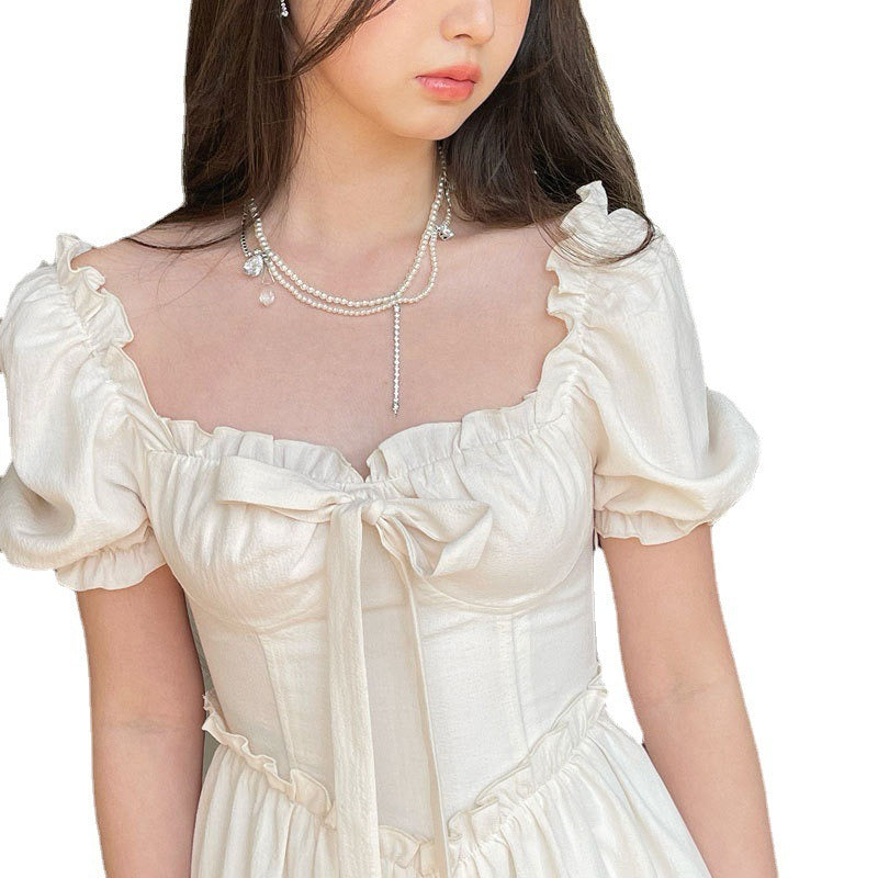 White Square Neck Puff Sleeve Sissy Dress