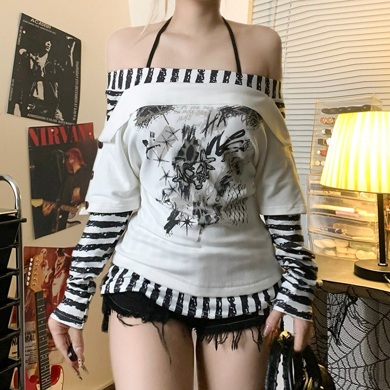 Abstract Striped Halter Off Shoulder Top