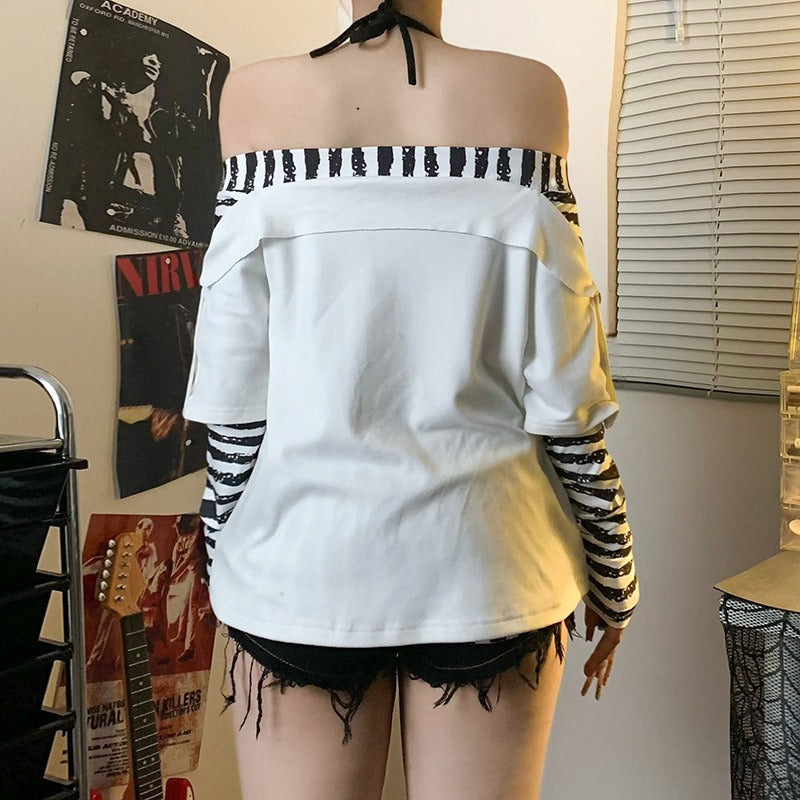 Abstract Striped Halter Off Shoulder Top