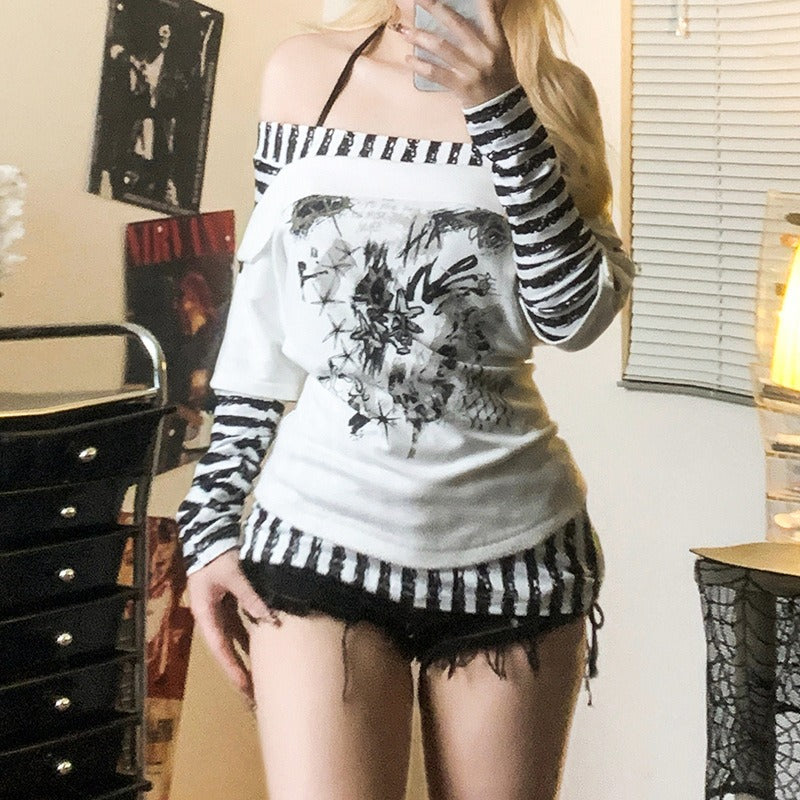 Abstract Striped Halter Off Shoulder Top