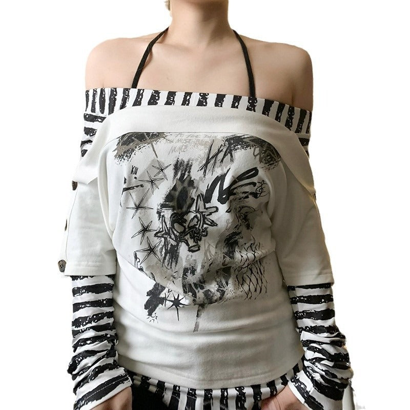 Abstract Striped Halter Off Shoulder Top