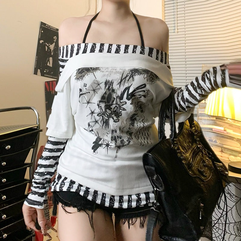 Abstract Striped Halter Off Shoulder Top