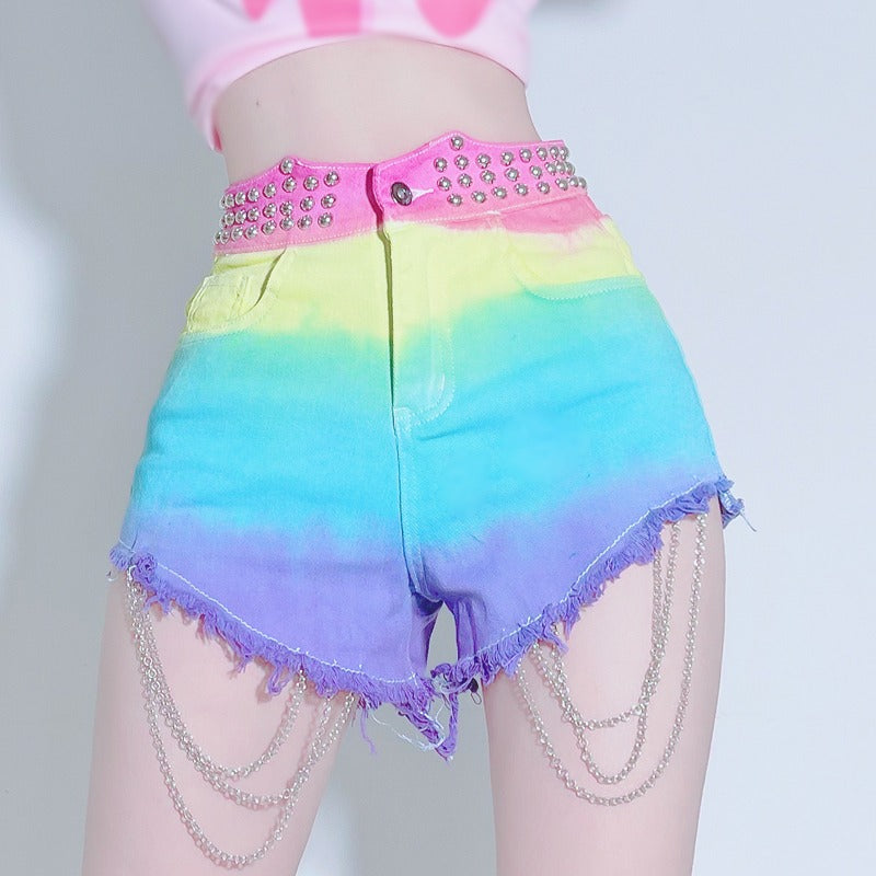 Pastel Jean Shorts With Chain