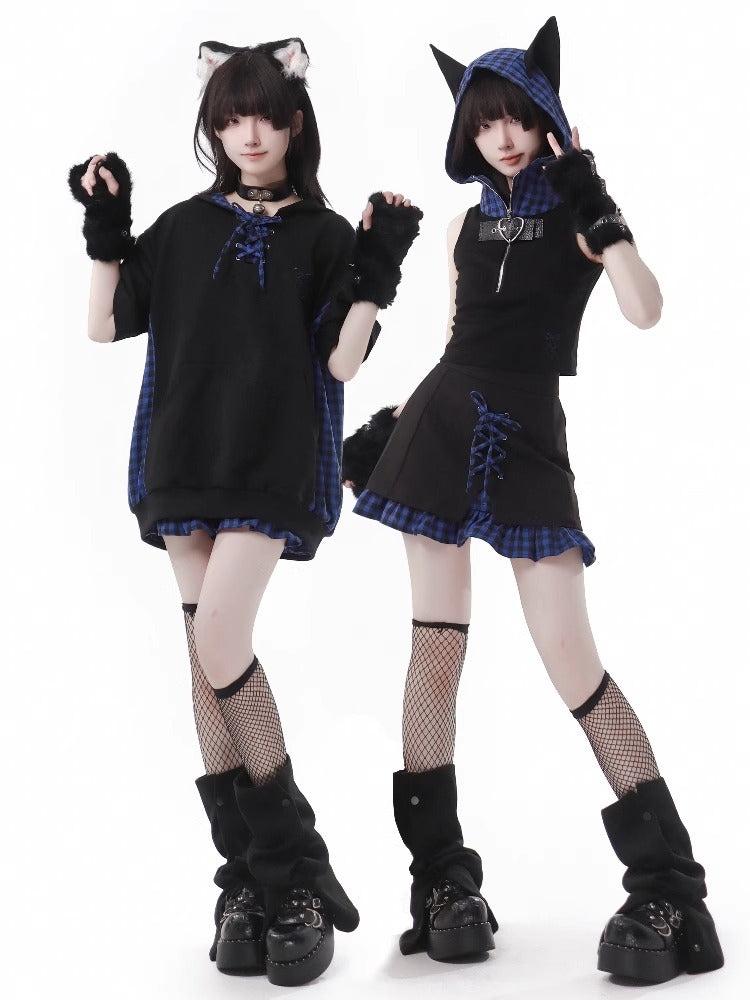 Blue Plaid Cat Ear Outfits