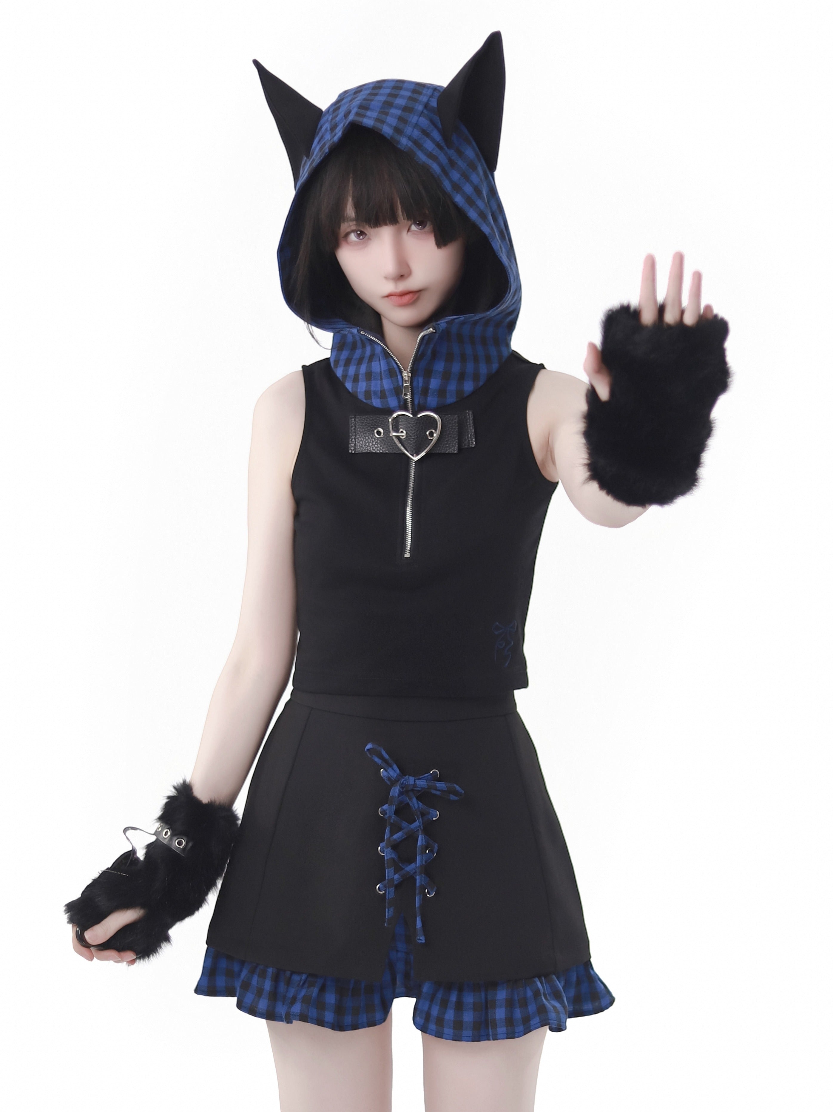 Blue Plaid Cat Ear Outfits