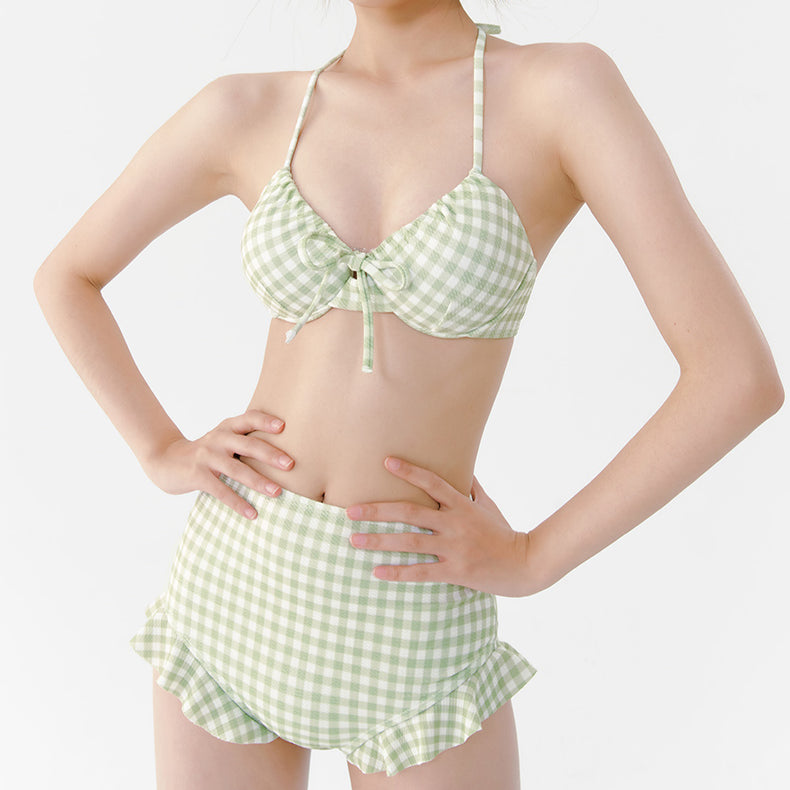 Sexy Green Plaid Halter Bikini