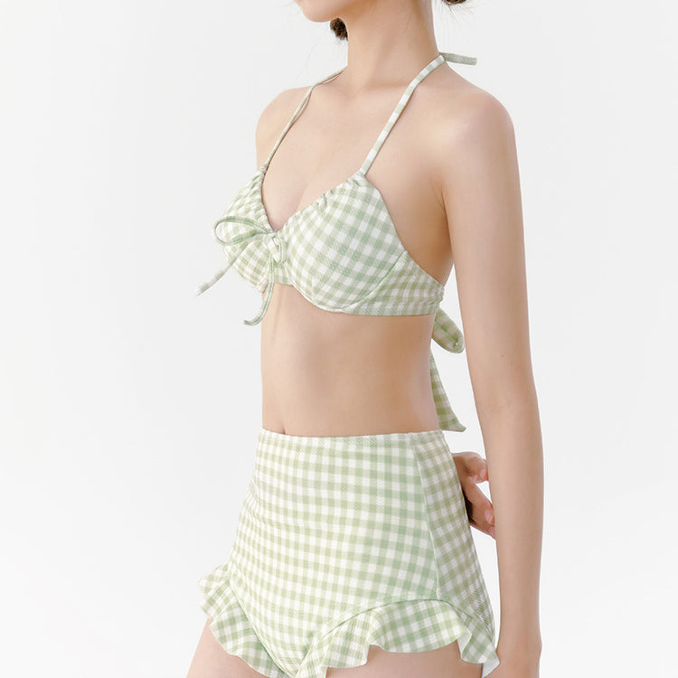Sexy Green Plaid Halter Bikini