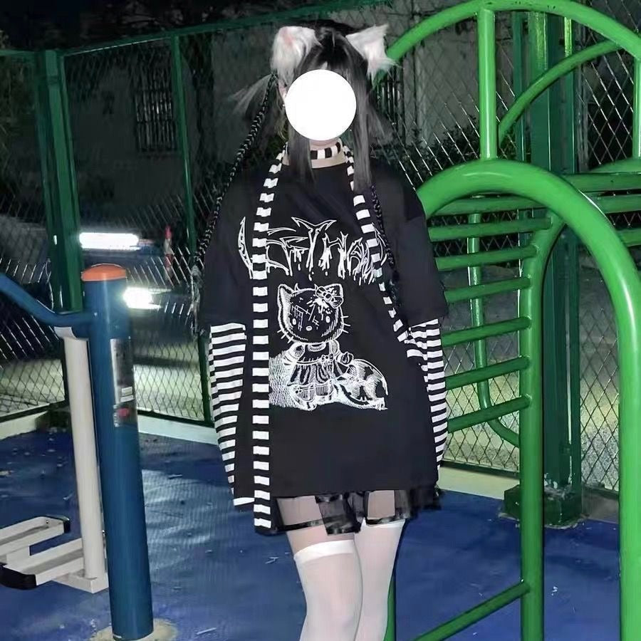 Kitty Striped Sleeve T-shirt