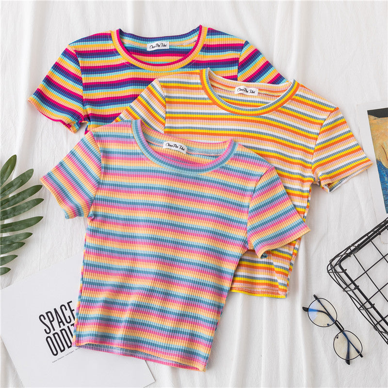 Rainbow Striped Tight Crop Top
