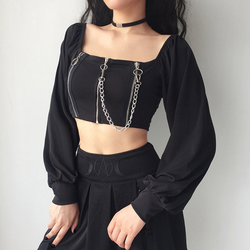 Gothic Square Neck Crop Top With Chain
