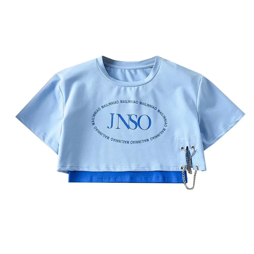 Letter T-shirt with Chain & Tank Crop Top Set