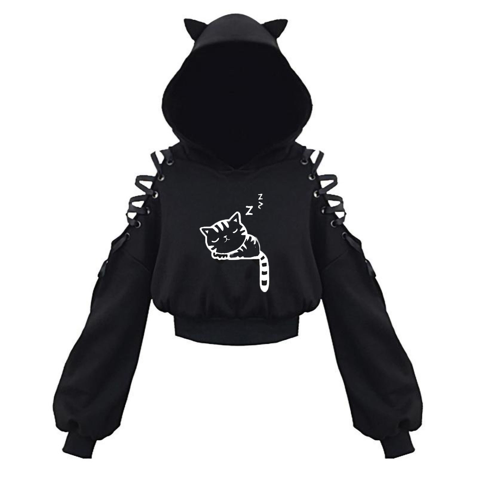 Gothic Cat Crop Top Hoodie