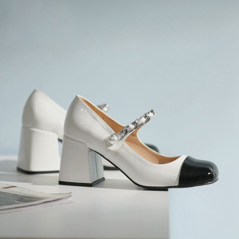 Mary Jane Black and White Chunky Heels