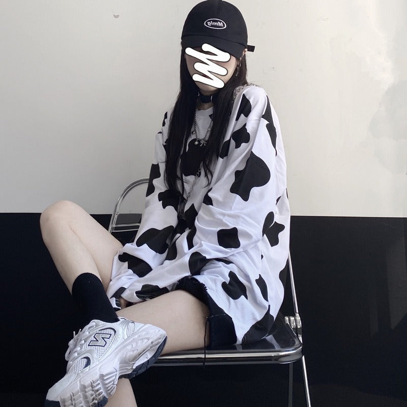 Cow Print Oversize Long Sleeve Top