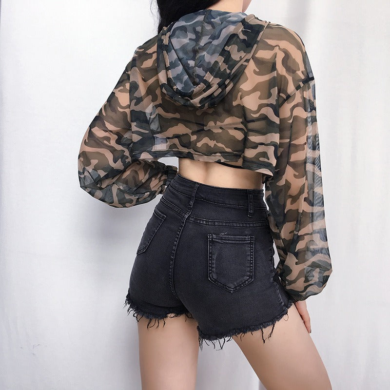 Fashion Camouflage Sheer Crop Hoodie