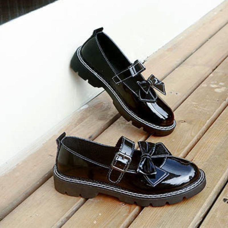 Japanese Leather Flat Shoes with Bow