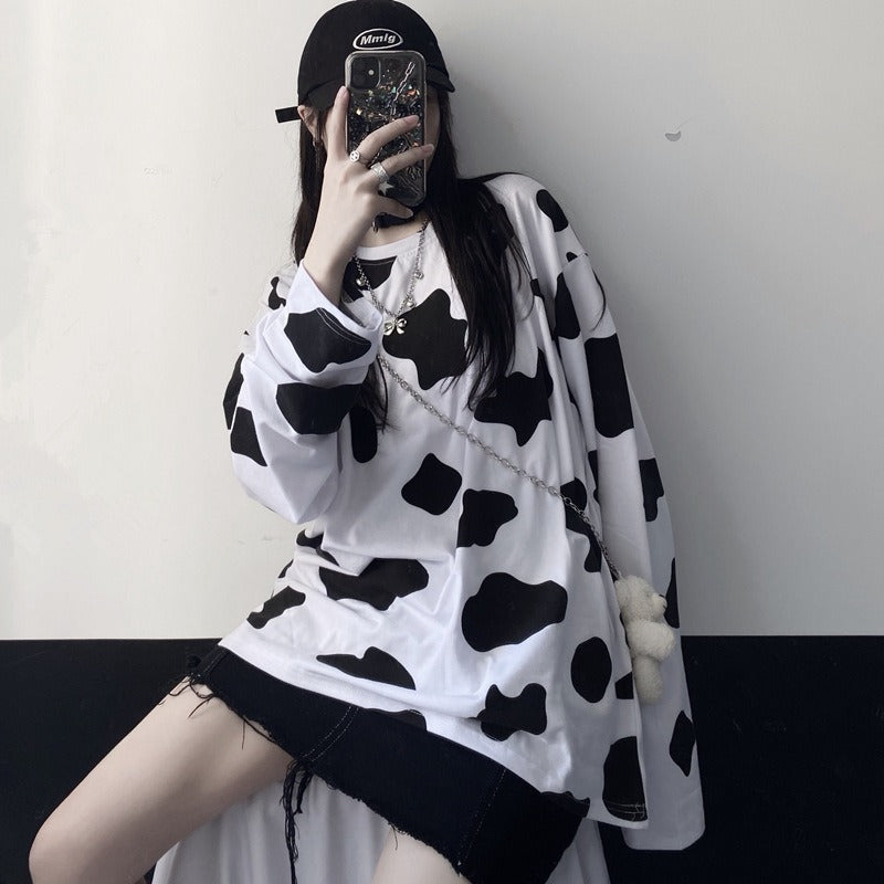 Cow Print Oversize Long Sleeve Top