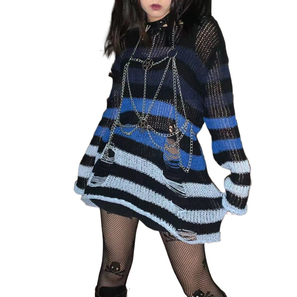 Ripped Stripe Crochet Long Sweater