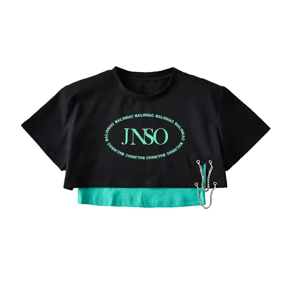 Letter T-shirt with Chain & Tank Crop Top Set