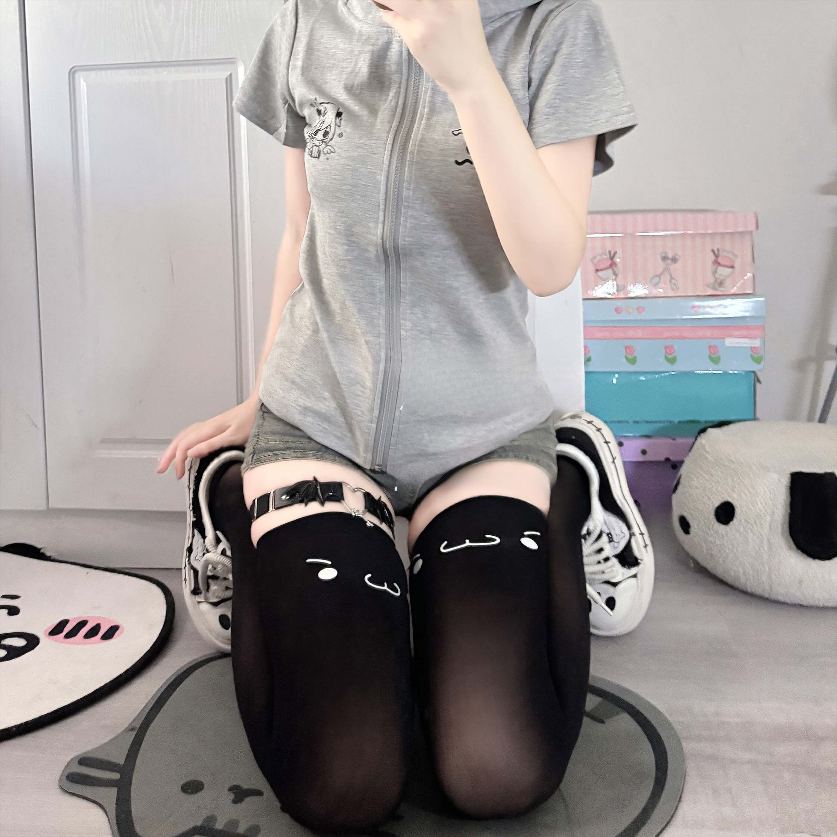 Femboy Kaomoji Print Thigh Highs