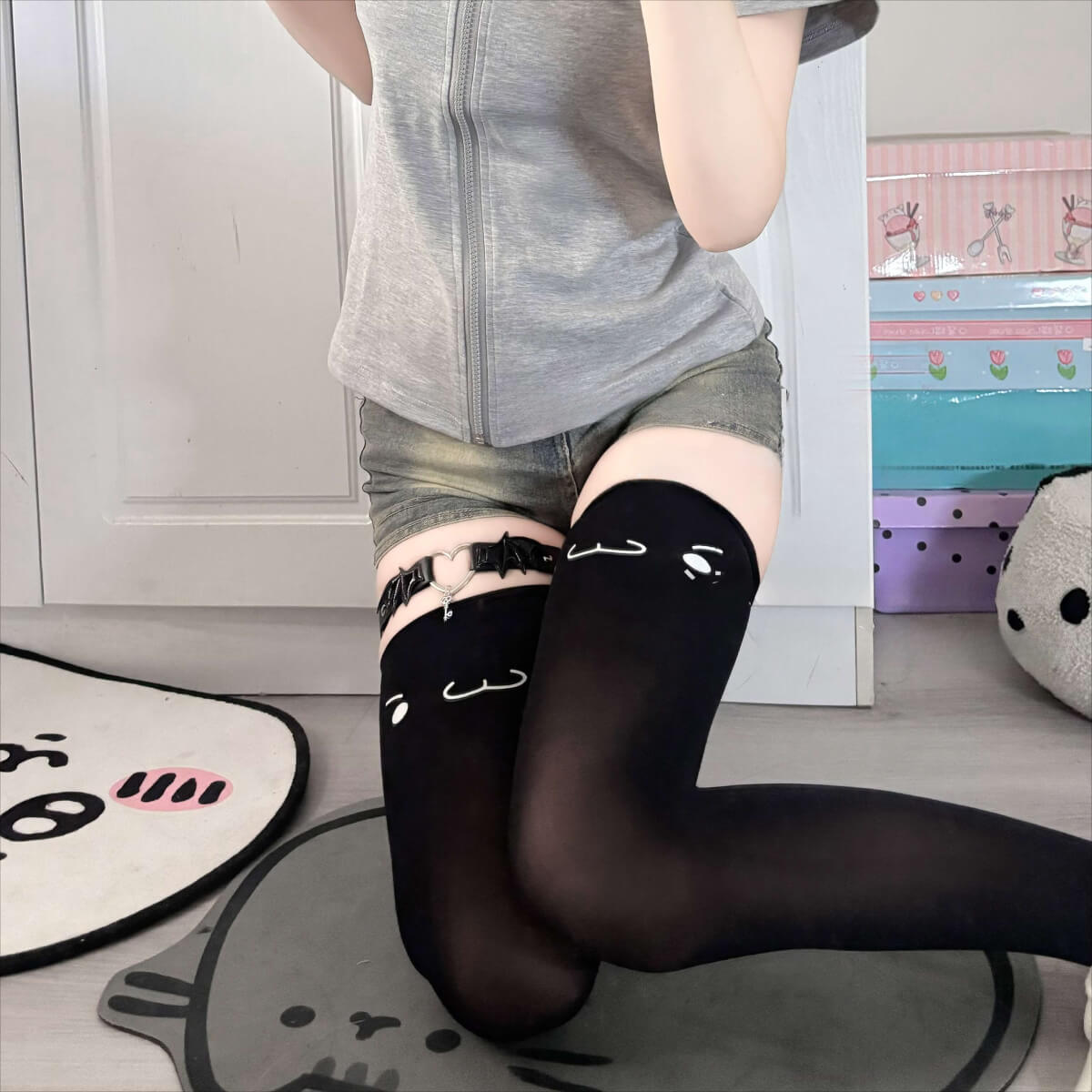 Femboy Kaomoji Print Thigh Highs