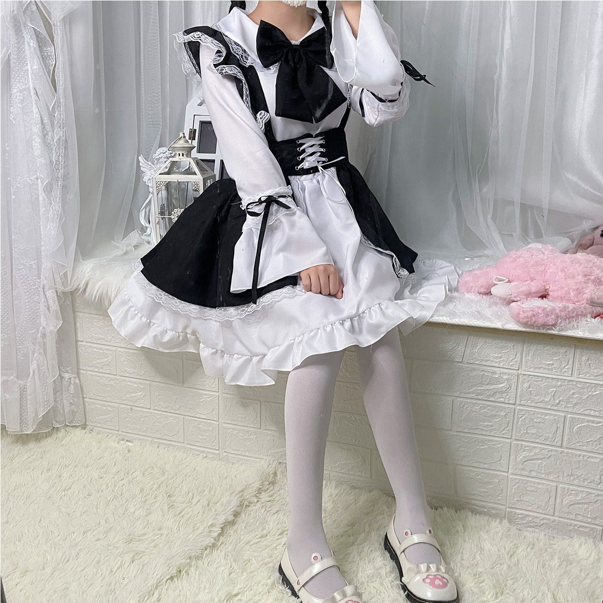 Japanese pink and white bow tie maid dress SD00877