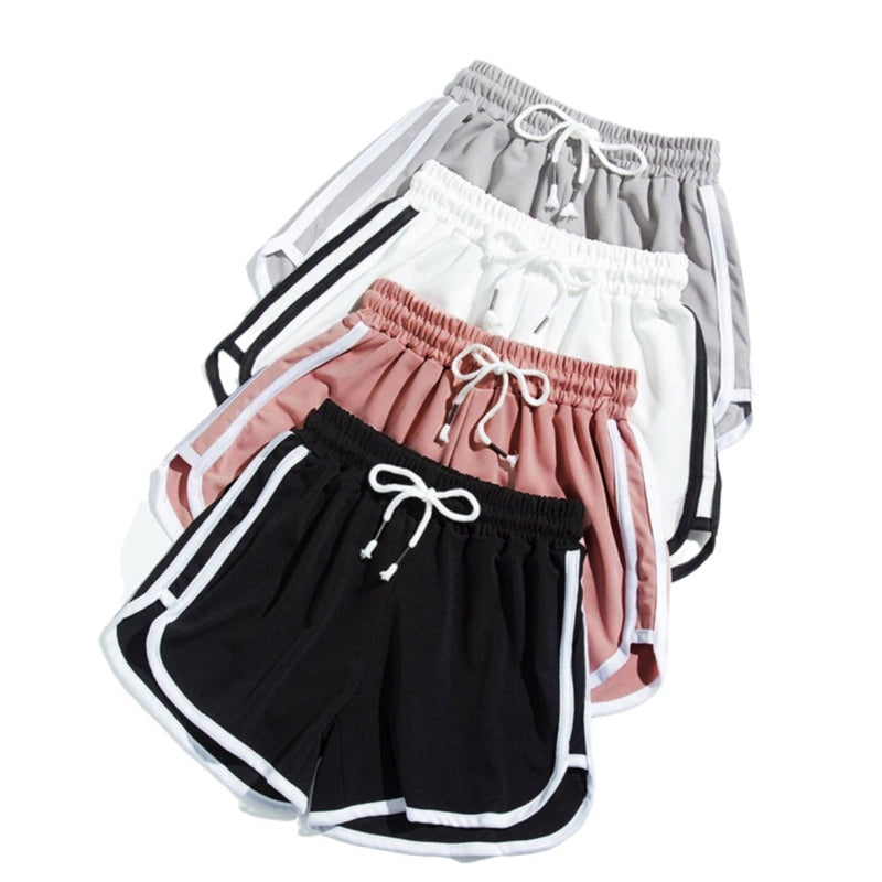 Four pairs of Drawcord Femboy Dolphin Shorts in black, pink, white, and gray on a white background