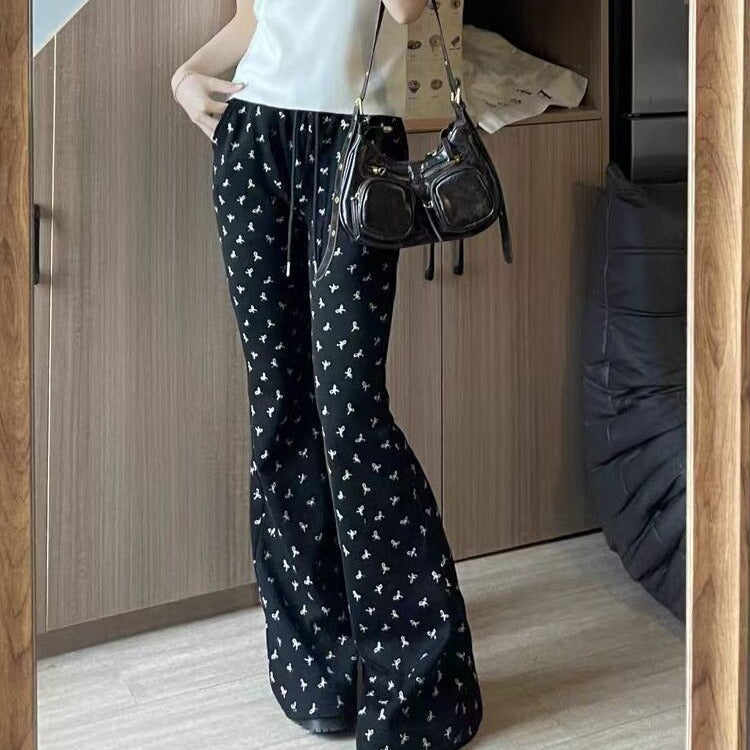 Elastic Waist Bow Print Flare Pants