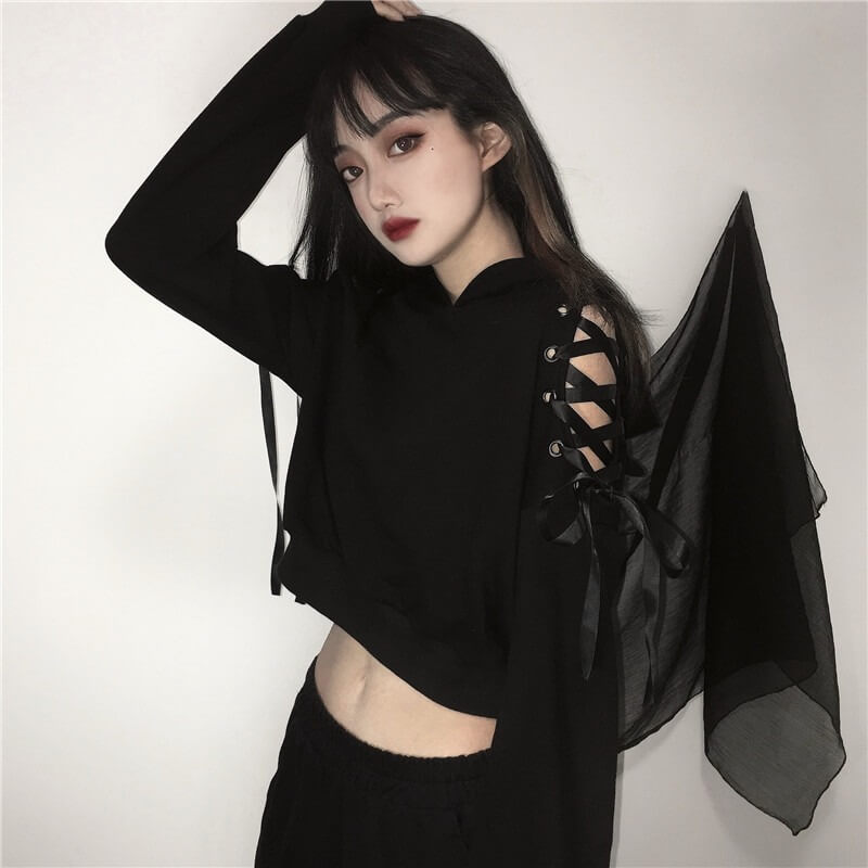 Gothic Cat Crop Top Hoodie