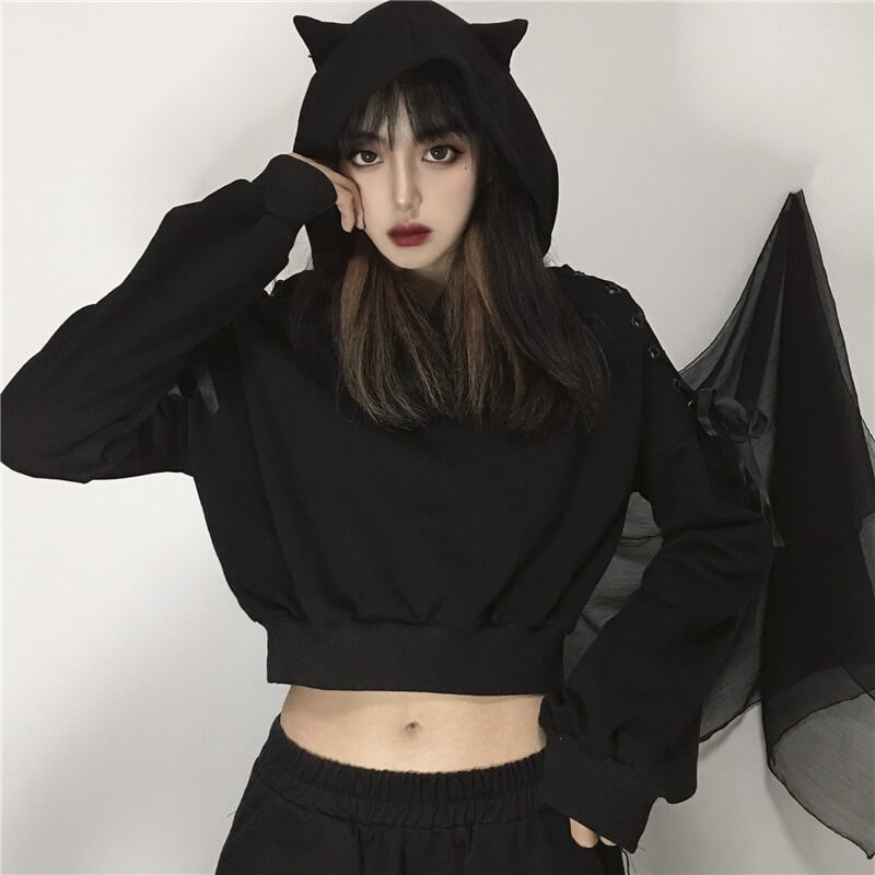 Gothic Cat Crop Top Hoodie