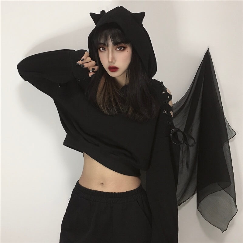 Gothic Cat Crop Top Hoodie