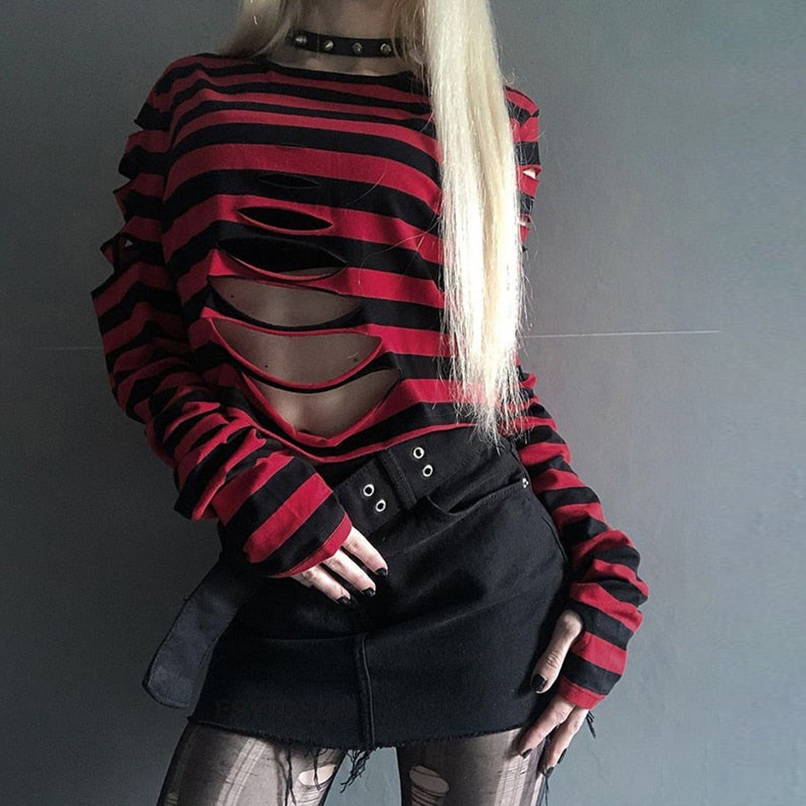 Gothic Stripe Ripped Tee