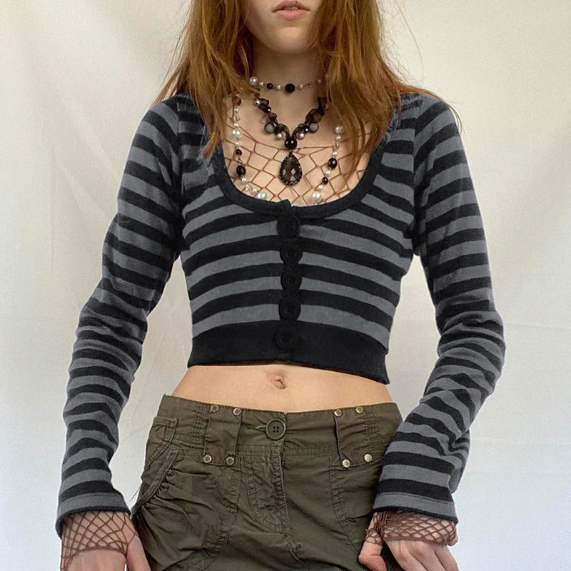 Gray U Neck Stripe Femboy Crop Top