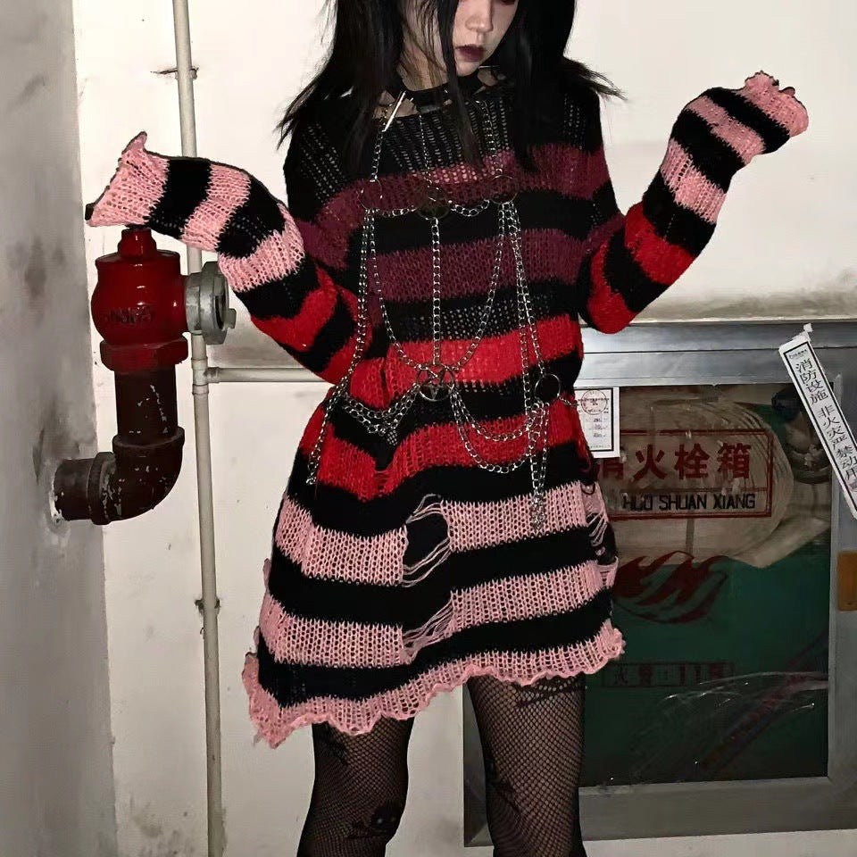 Ripped Stripe Crochet Long Sweater