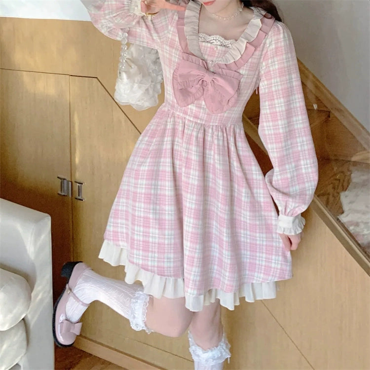 Pink Plaid Femboy Ruffled Dress