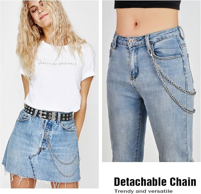 Double Grommets Leather Belt with Chain