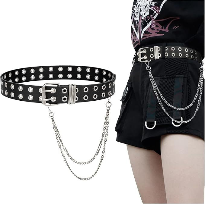 Double Grommets Leather Belt with Chain