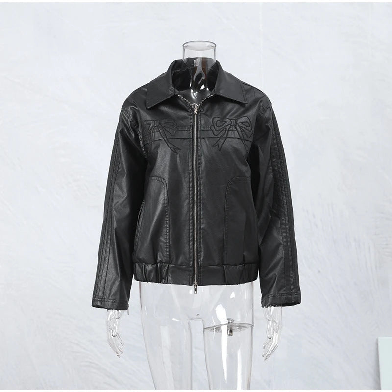 Sweet Bow Leather Bomber Jacket