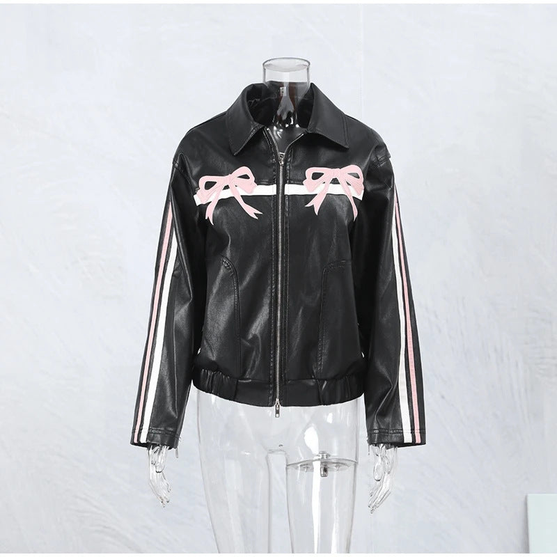Sweet Bow Leather Bomber Jacket