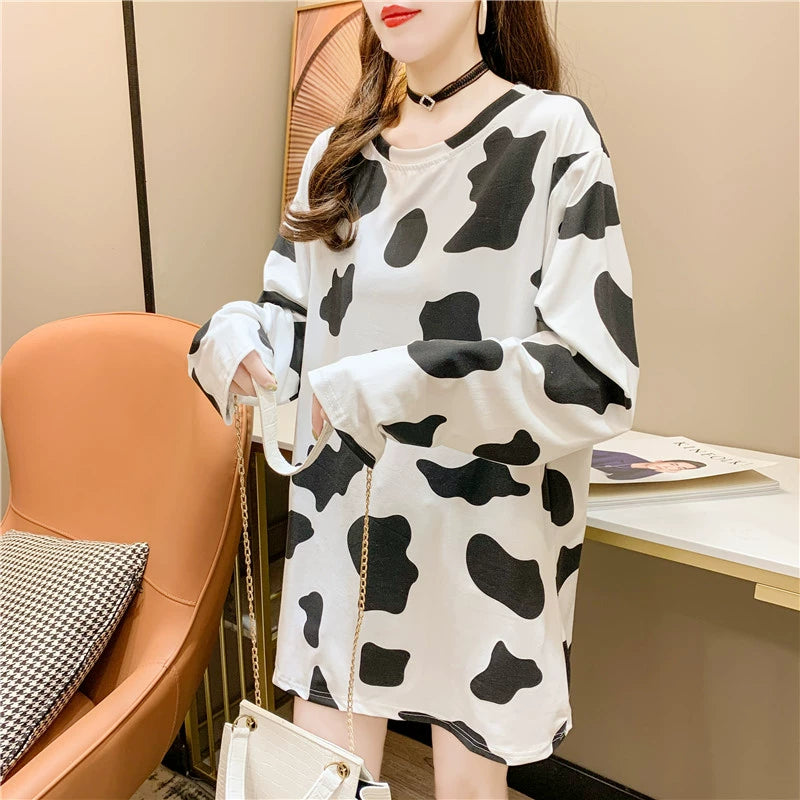 Cow Print Oversize Long Sleeve Top