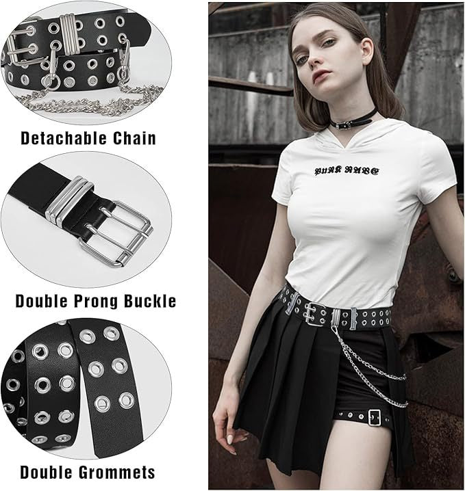 Double Grommets Leather Belt with Chain
