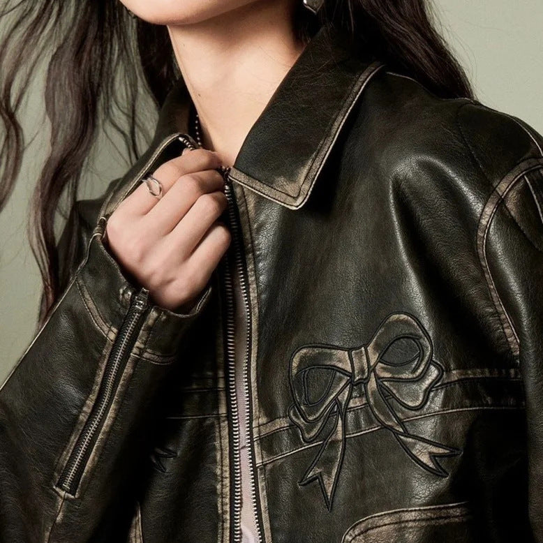 Sweet Bow Leather Bomber Jacket