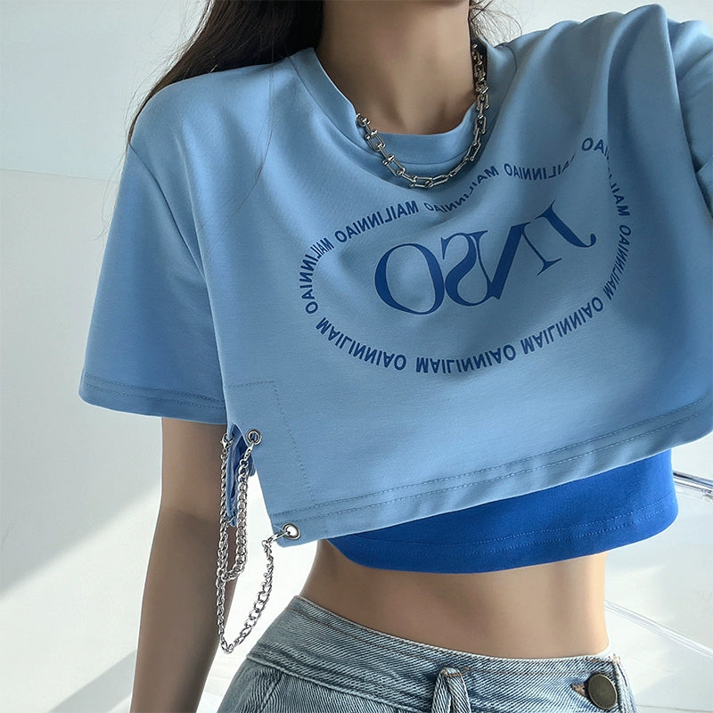 Letter T-shirt with Chain & Tank Crop Top Set