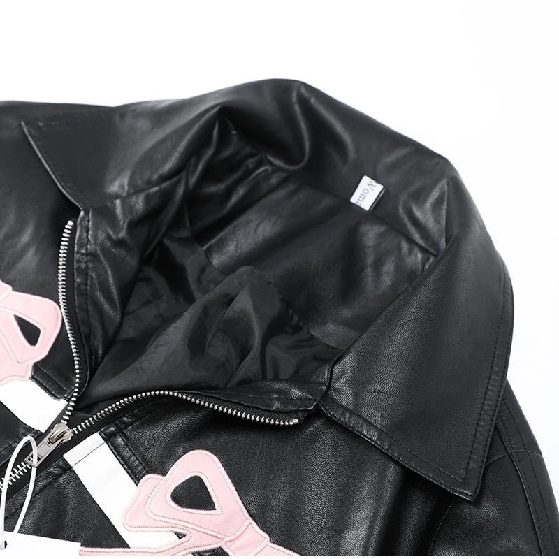 Sweet Bow Leather Bomber Jacket