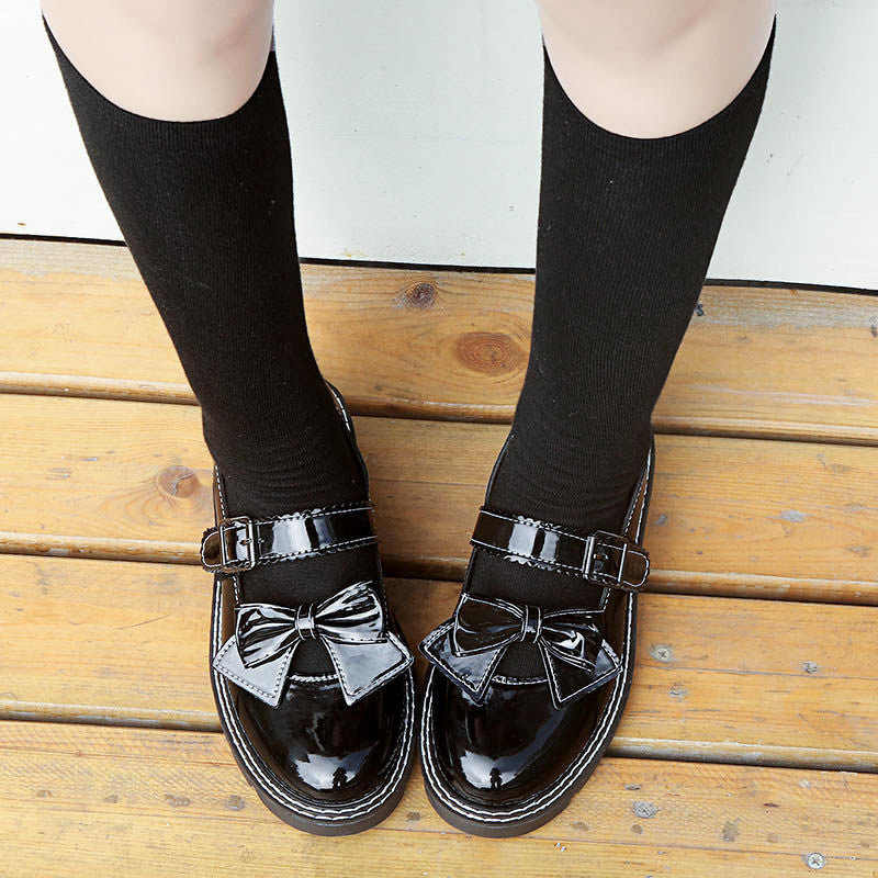Japanese Leather Flat Shoes with Bow